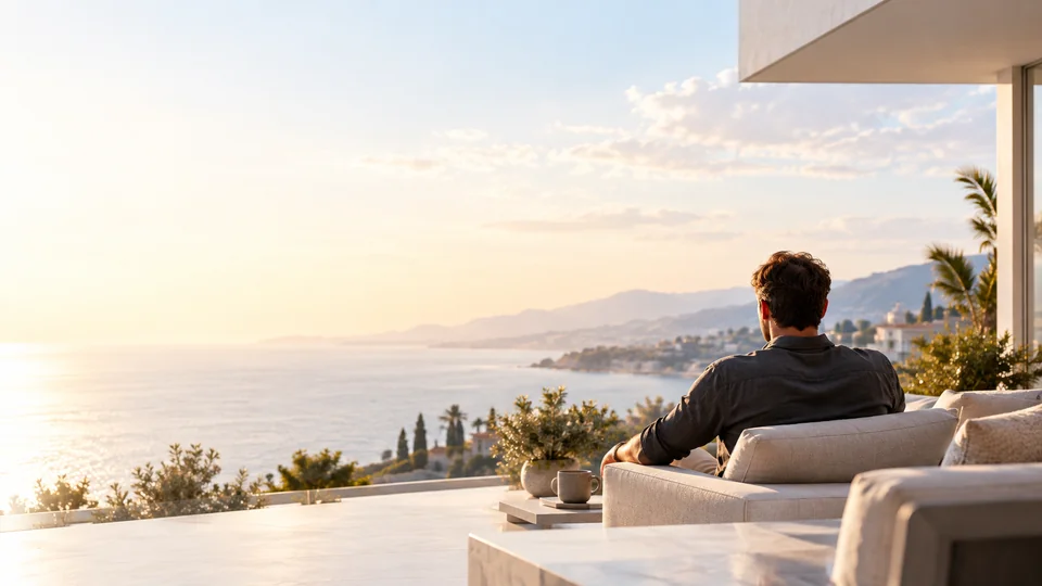 A business owner taking a quiet moment on a coastal terrace